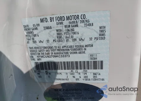 2009 Ford Escape Xls z USA, uszkodzony, nr VIN 1FMCU92709KC33373